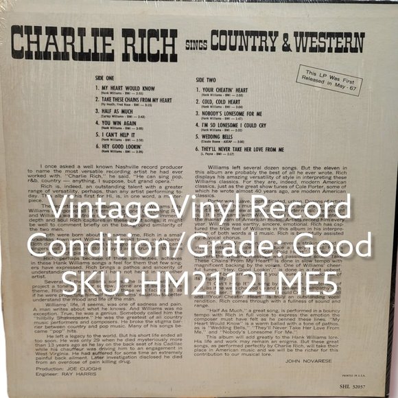 Charlie Rich "Sings Country & Western" SHL-32037 Hi Records Vinyl LP Record - Picture 4 of 4